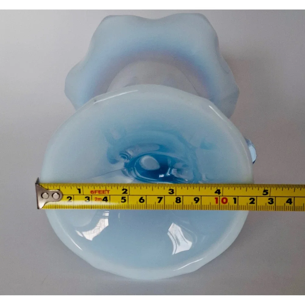 Vintage Duncan & Miller Three Feathers Blue Opalescent Cornucopia Vase 8